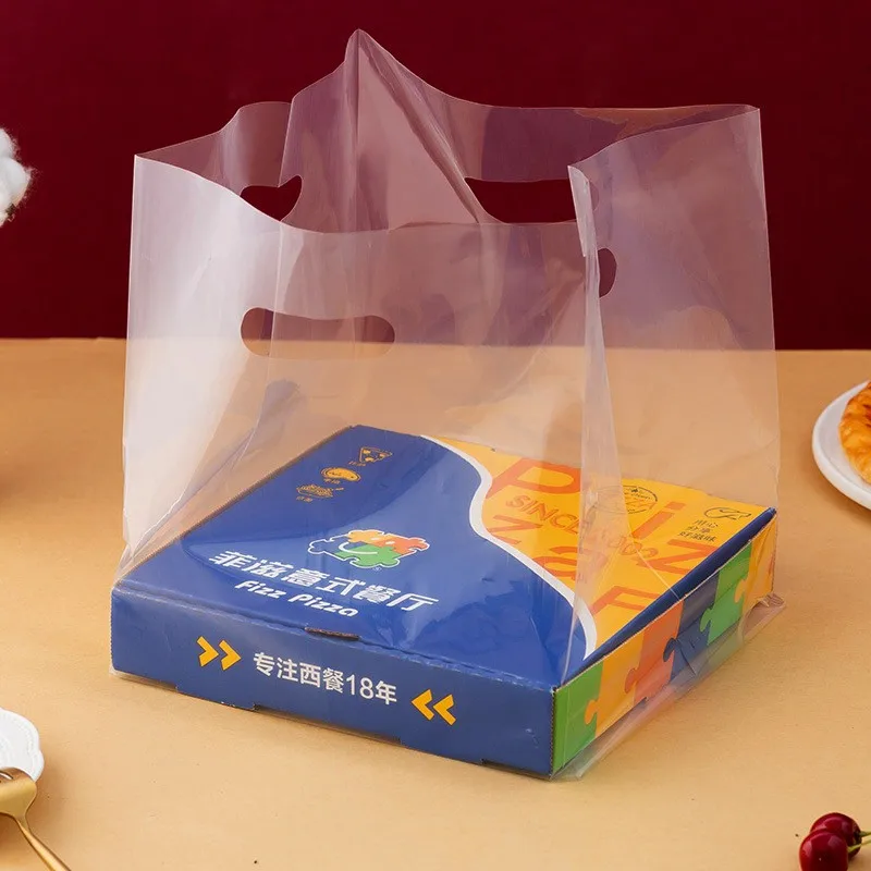 Flat bottom clear plastic shopping bags food delivery restaurant carry transparent pizza cake carry takeout bag with your LOGO
