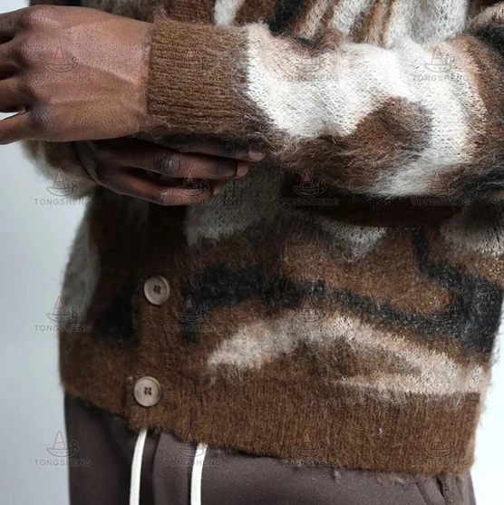 2024 Manufacturer Intarsia Knitted Sueter De Knitwear Custom Fuzzy Jacquard Spectrum Swirl Mohair Sweater Cardigan For Men