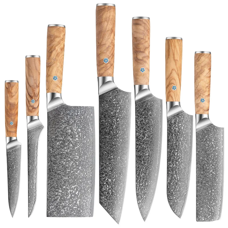 Professional Cooking Tools 7Pcs Olive Wood Handle Damascus Steel Santoku Utility Boning Chef Knife Kitchen Knife Set