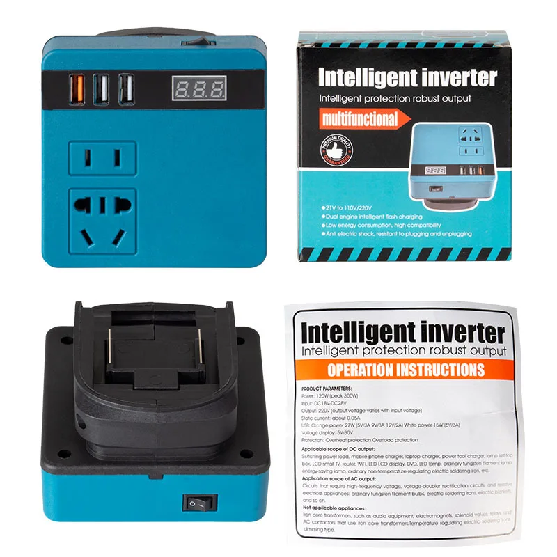 18V Rechargeable Lithium Battery Mini Intelligent Inverter 21V Convert To AC110V/220V DC12V/5V Portable Outdoor DC-AV Converter