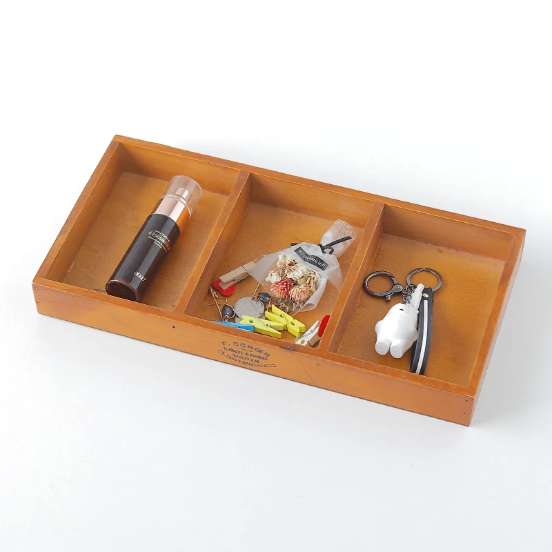 Ready to ship wholesale retro style 3 grid wooden pallet home office desktop sundries organizer storage box trays for serving