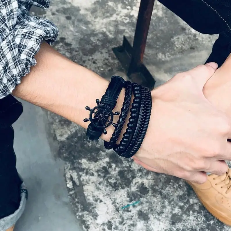 Tryme Mix 4Pcs/ Set Braided Wrap Leather Bracelets for Men Women Vine Wooden Beads Ethnic Tribal Wristbands Bracelet Rudder