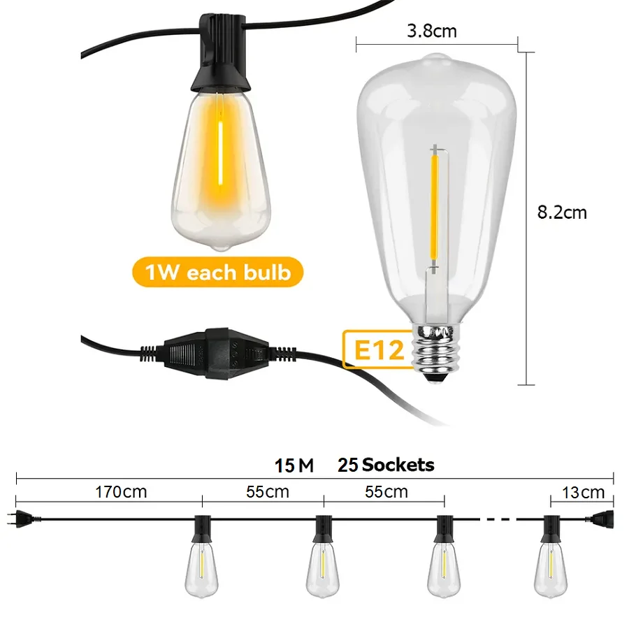 Waterproof Patio Festoon Lighting  Dimmable Hanging Lights Globe ST38 Bulbs Shatterproof Connectable Outdoor Lighting Garden