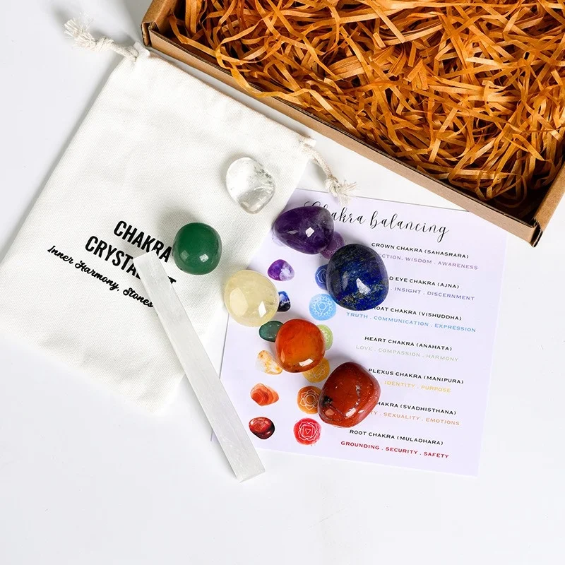 7pcs Natural Crystal Rolling Stone Chakra Set Selenite Board Energy Transmission Healthy Quartz Chakra Yoga Gem kit