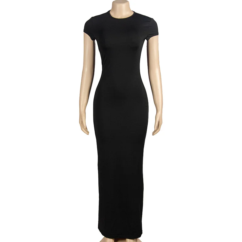 New Summer Solid Color Bodycon Lady Tight Bodycon Sexy Short Sleeve Dress Cheap Casual Long Maxi Dress Women