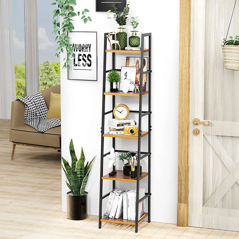 5 Tier Industrial Bookshelf Rustic Wood Bookcase Metal Tall Bookshelf Living Room Storage Rack