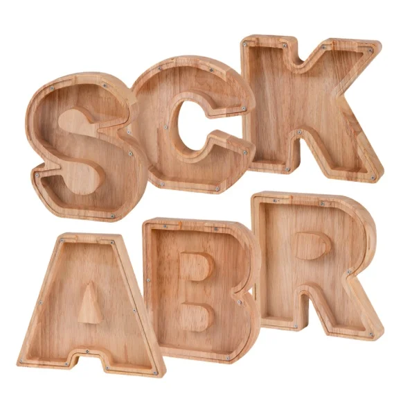 New Creative Wooden Alphabet Piggy Bank Transparent Glass  Wooden Piggy Bank