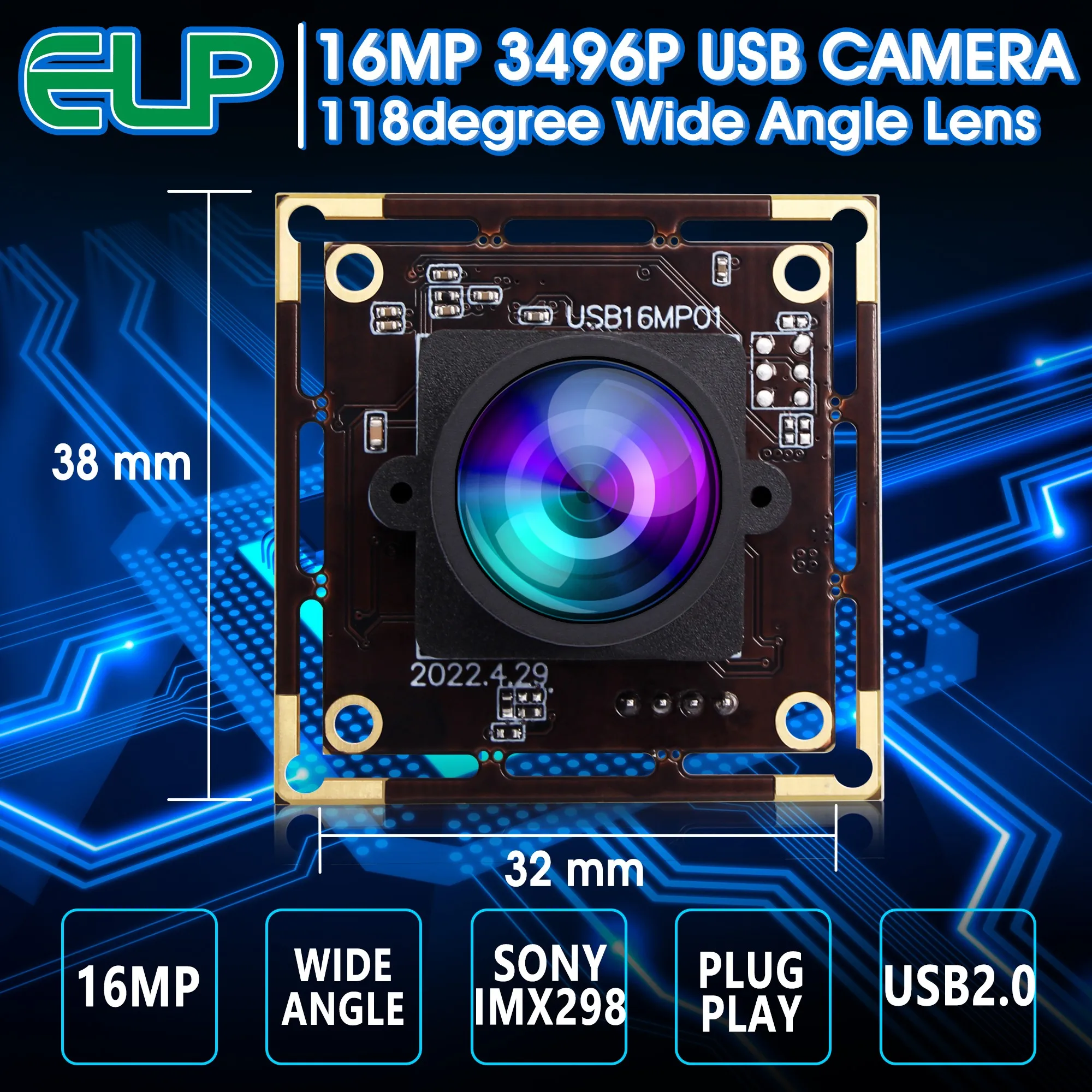 Wide Angle No Distortion 16MP Webcam Module IMX298 CMOS 4656x3496 Mini Board Size USB Camera with 1meter USB Cable for PC Pi