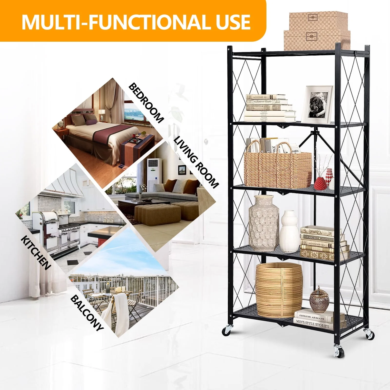 Installation-Free Household Folding Black Mobile Kitchen Folding Storage Shelf Microwave Oven Foldable Rack Organizer