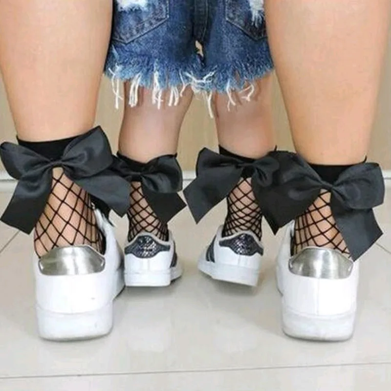 KS0038 Strong Stretchable Bow Fishnet Socks in White Black Bow Knot Lady Girls Mom and Me Crew Sock