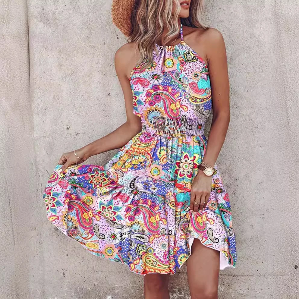 Women 2024 Trendy Loose Daily Wear Dress Samoan Bohemia Casual Floral Design Print Short Sleeve Midi Dress V Neck Blue CUSTOM