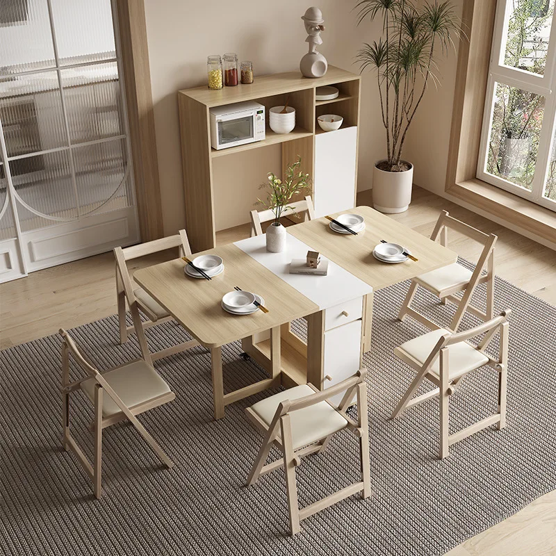 Combination wooden furniture Movable wooden folding dining table and chair Space saving wooden folding dining table