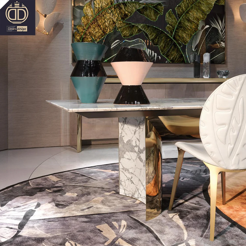 luxury Italian design modern gloss white dining table set gold marble white dining table