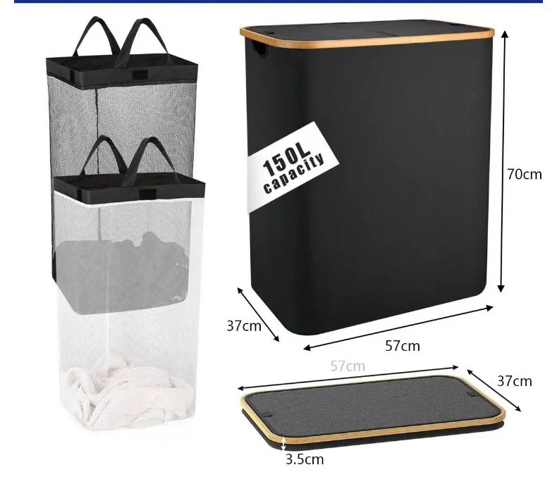 Customization Large Bamboo Black Grey Kitchen Recycling Bin Deposit Bottle Storage Recycling Bottle Basket