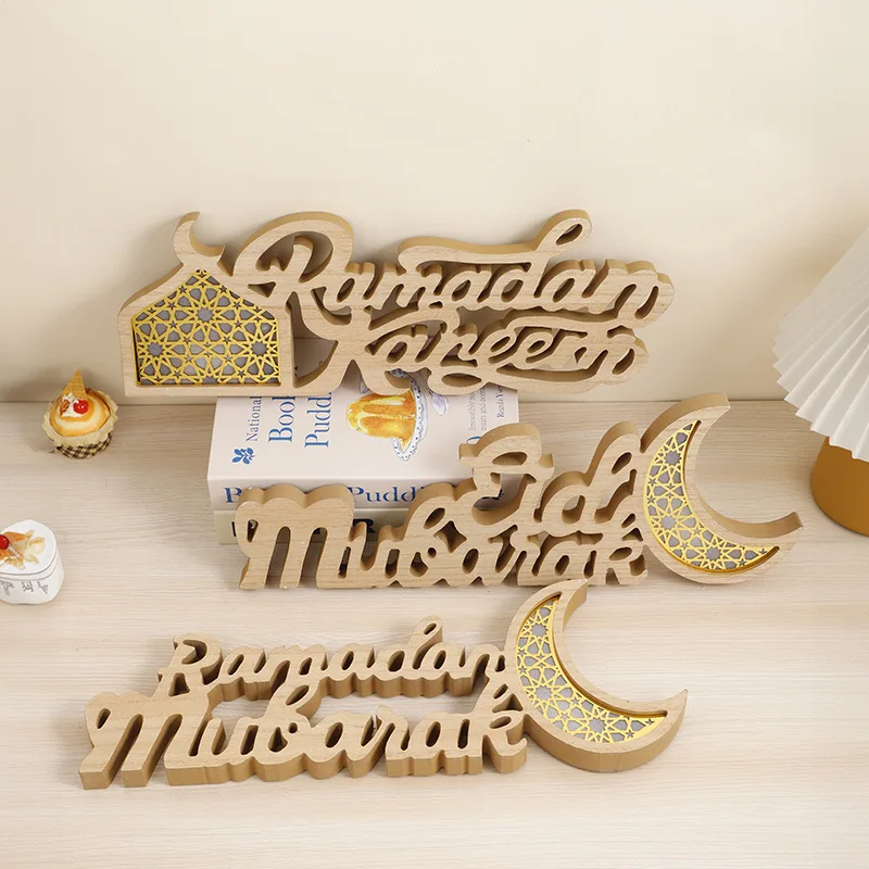 Ramadan Mubarak Eid Moon Islamic Home Decor Wooden Table Decorations Eid Mubarak LED Light Ornaments For Islam Party