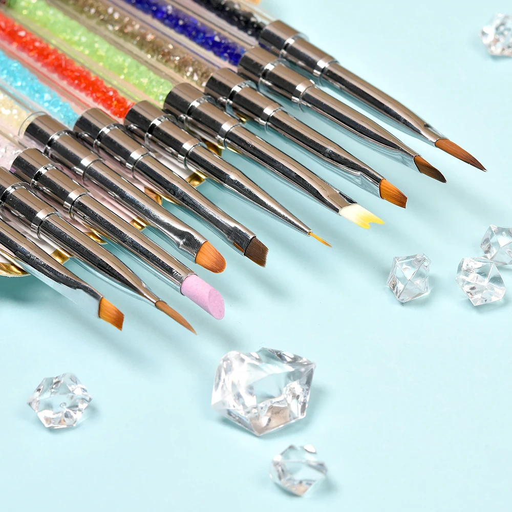 KADS Hot Sell Custom Logo Rhinestones Kolinsky Acrylic Marble Brushes Flower Painting UV GEL Nail Art Brush Set Manicure Tool