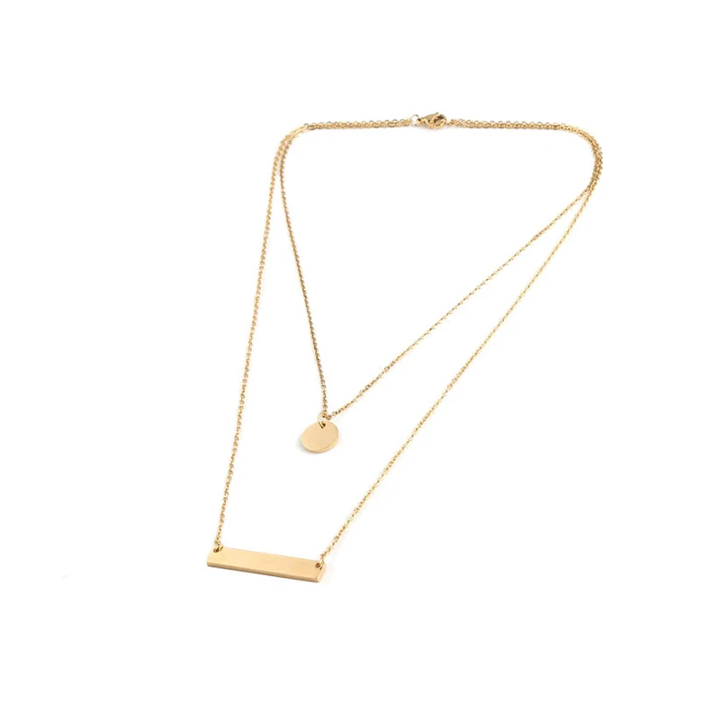 2021 Fashion Jewelry Double Layer Gold Personalized Stainless Steel Blank Bar Disc Charm Necklace