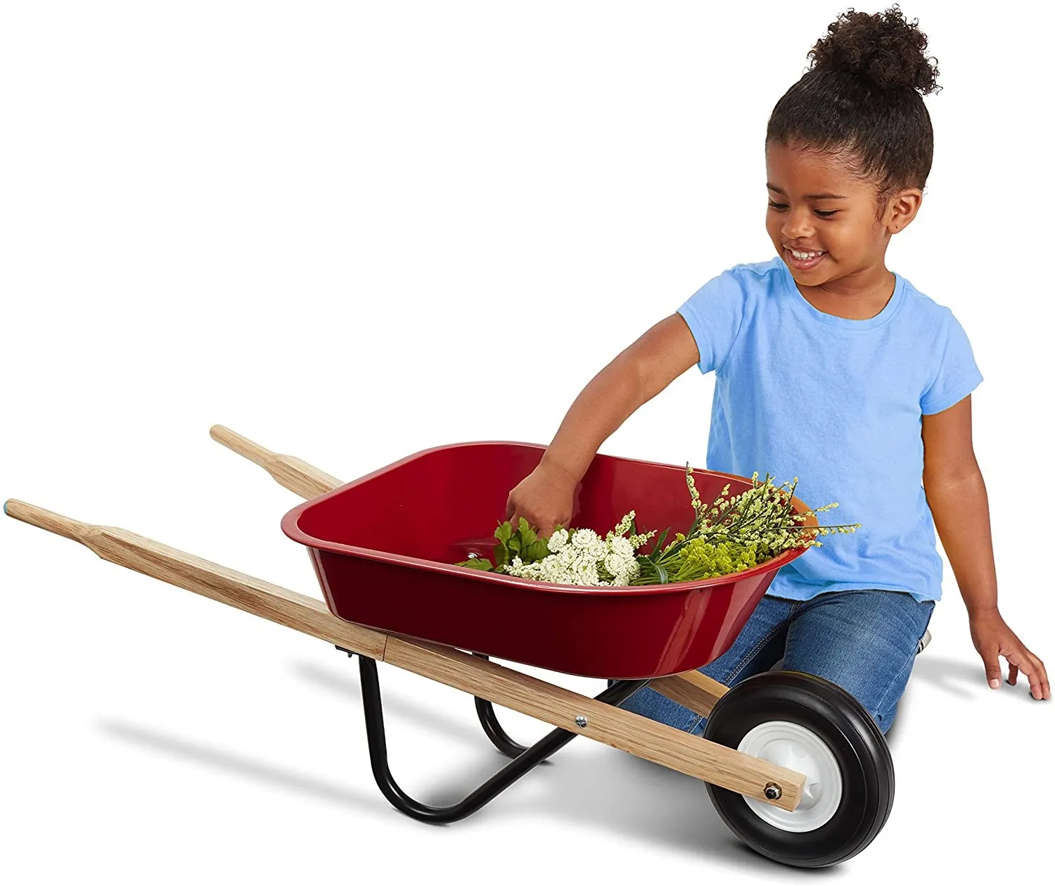 Kids Wheelbarrow Ride On - Rust-Resistant Seamless Steel Tub with Wooden Hand Grips