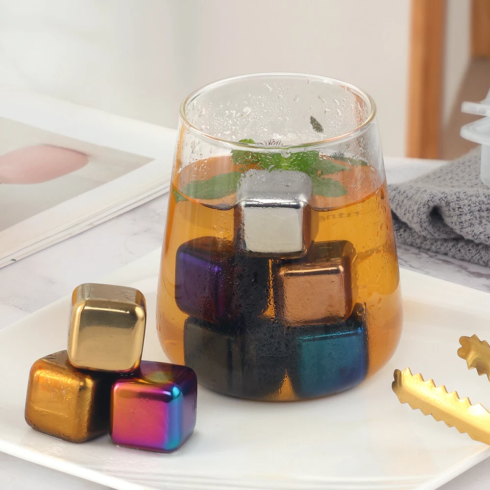 Portable Whiskey Vodka Wine Beer Liqueurs Juice Reusable Stainless Steel Ice Cubes with Tongs and Storage Box
