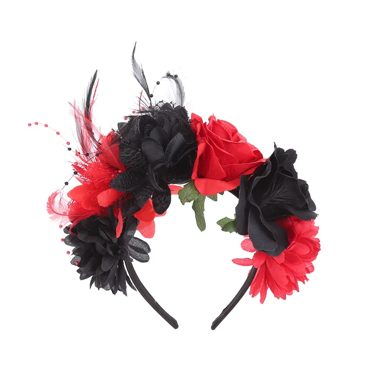 Women Mexican Rose Flower Crown Headband Day Of The Dead Halloween Headpiece Party Hair Hoop Costume Rose Flower Crown