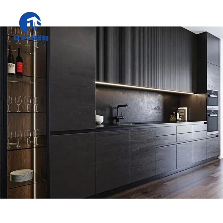 DS luxury modern kitchen sink cabinet glass door black melamine cheap price wooden cabinet kitchen storage cabinet