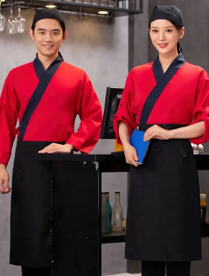 Chef Coat for Men Korean Sushi Restaurant Women Kimono 3/4 Sleeve Chef Uniform Japanese Long Sleeve Autumn and Winter Opp Bag
