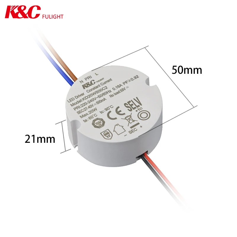 Output Led Driver 500A 20W 200-240VAC 50-60HZ Constant Current dimmable Led Driver Round led lighting power supply