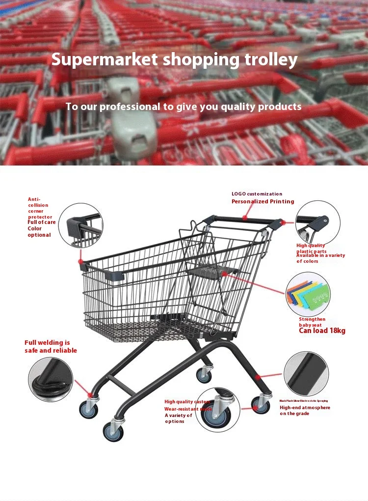 Wholesale customized 4 wheel steel Supermarket trolley shopping push cart / metal heavy duty mall shopping cart
