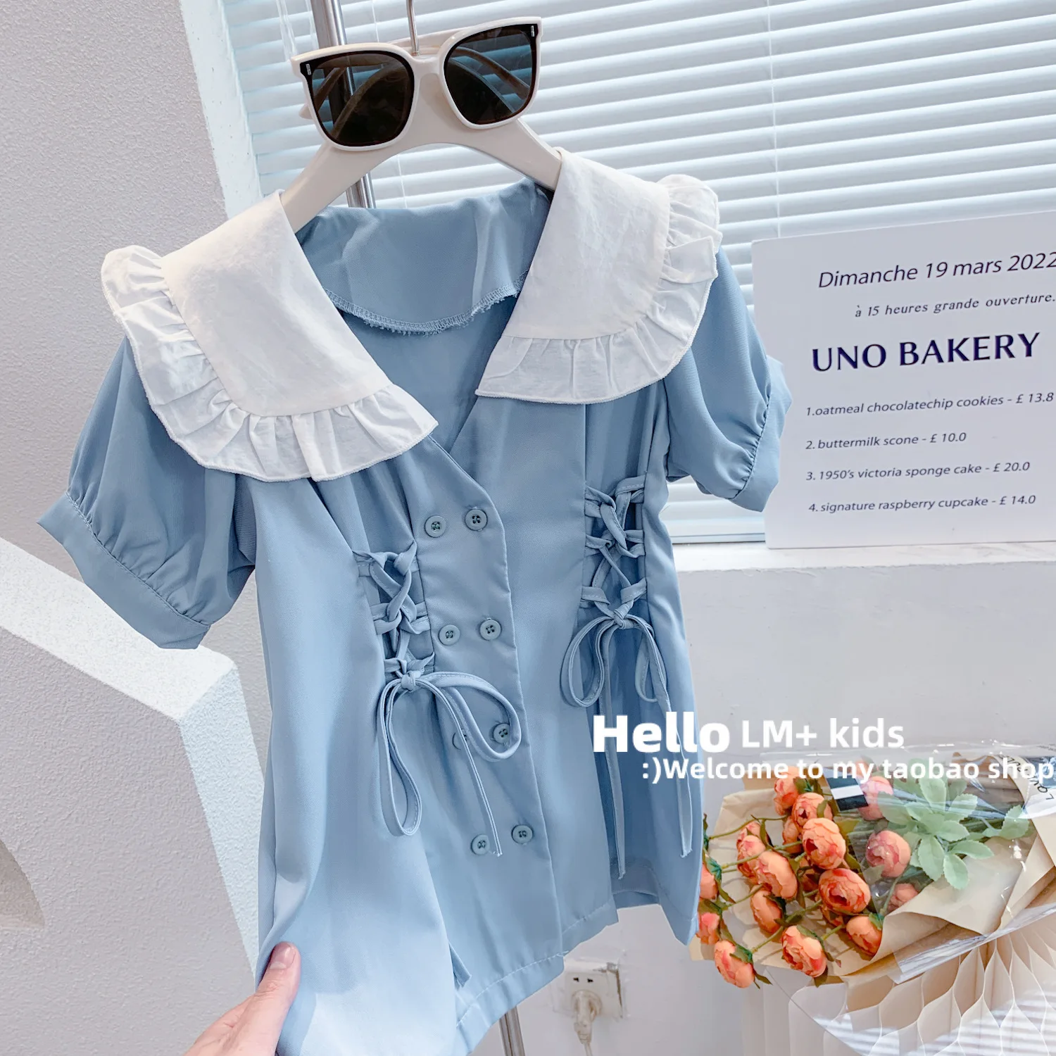 2023 New fashion toddler Girls puff sleeve solid v neck lace up dress Girls sweet princess dress
