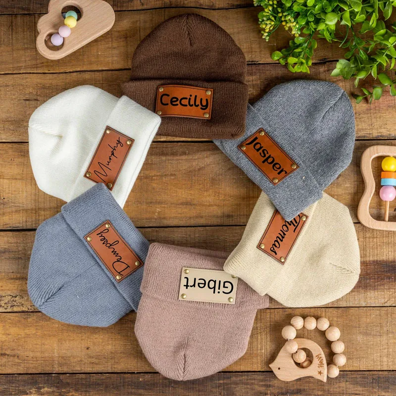 Personalized Leather Patch Beanies Name Baby skullies Knit Custom Hat Engraved ski cap Gift for Kids Infant Toddler
