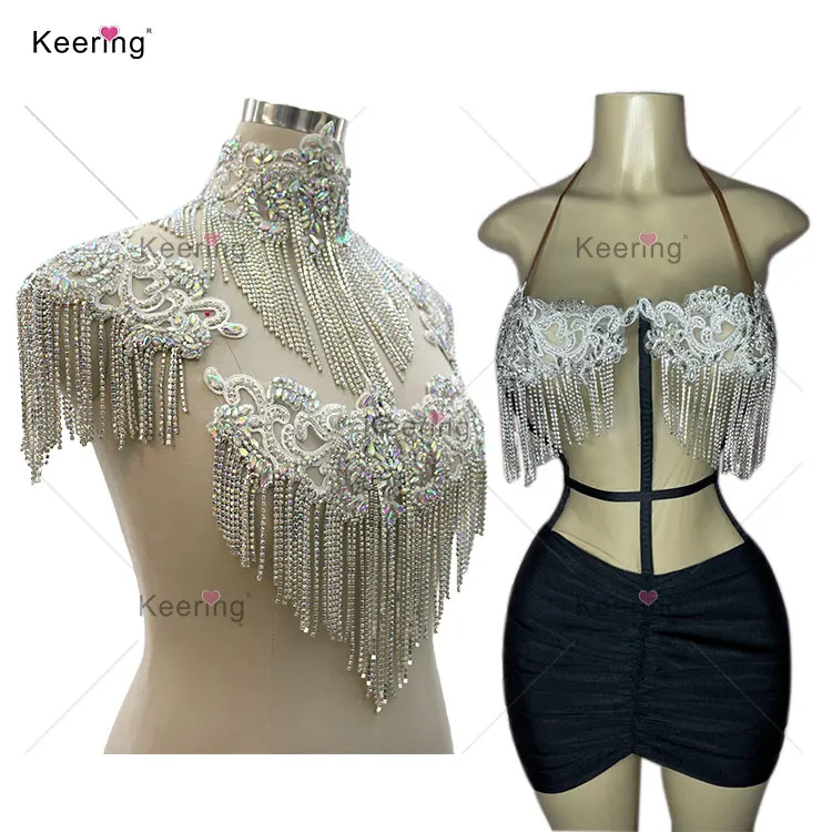 Silver AB Crystal Bra Manual Beads Flower Tassels Shoulder Board Applique Silver Rhinestone Decorative Shoulder Patches WDP-289