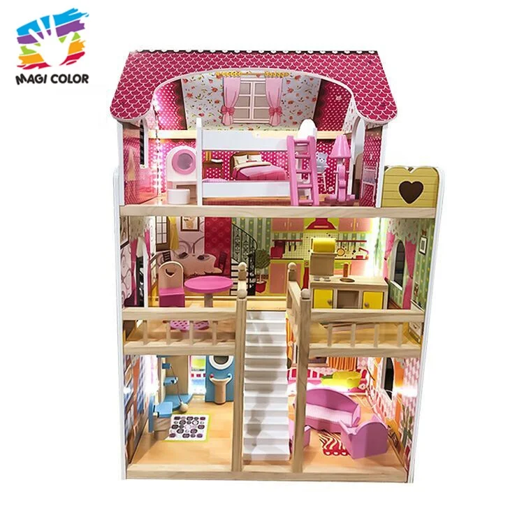 Ready To Ship pink kids wooden doll house with lights W06A163D