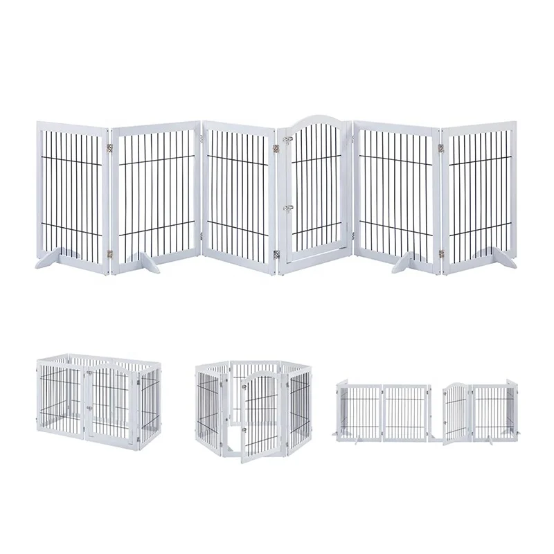 Custom Foldable Wood and Wire Indoor Safety Gate Stairs Guard Railing Fence Pet Dog Door Wooden Dog Playpen with Support Feets