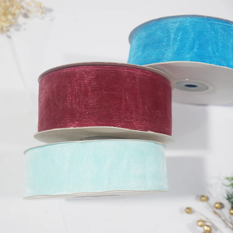 Custom Hologram Sheer Chiffon Silk White Pink Yellow Organza Ribbon For Wedding Bouquets Wrapping