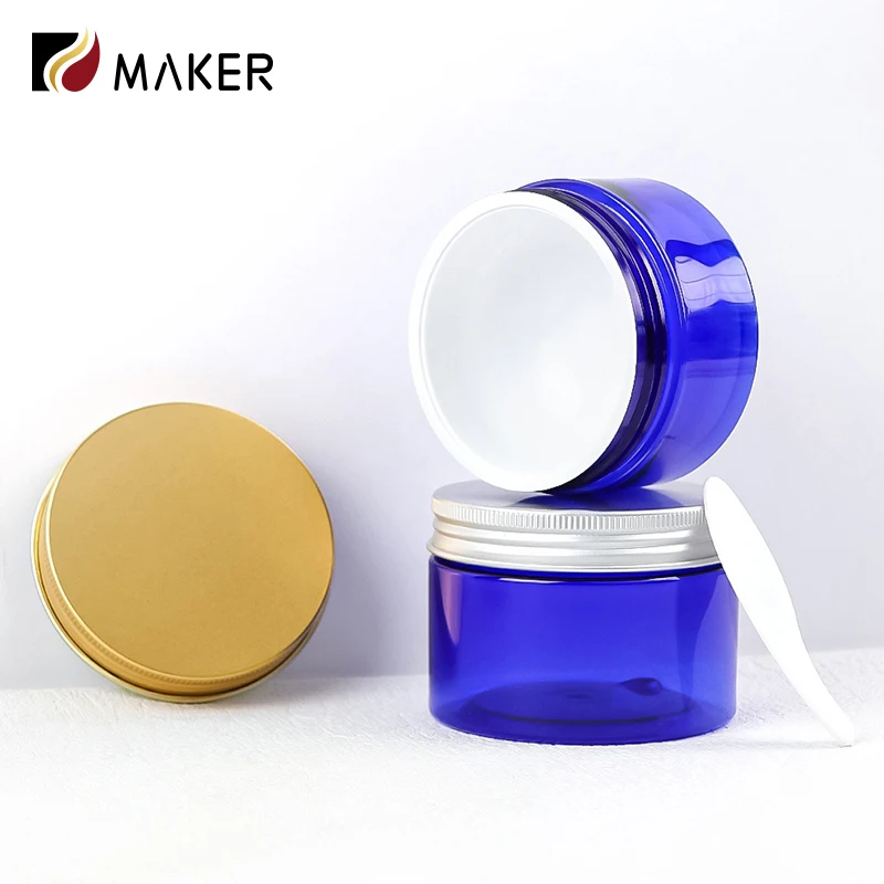 Empty PET 100ml 150ml 200ml 300ml Wide Mouth Blue Round Recycled Plastic Cosmetic Jar Box With Lid For Hair Cream Body Scrub