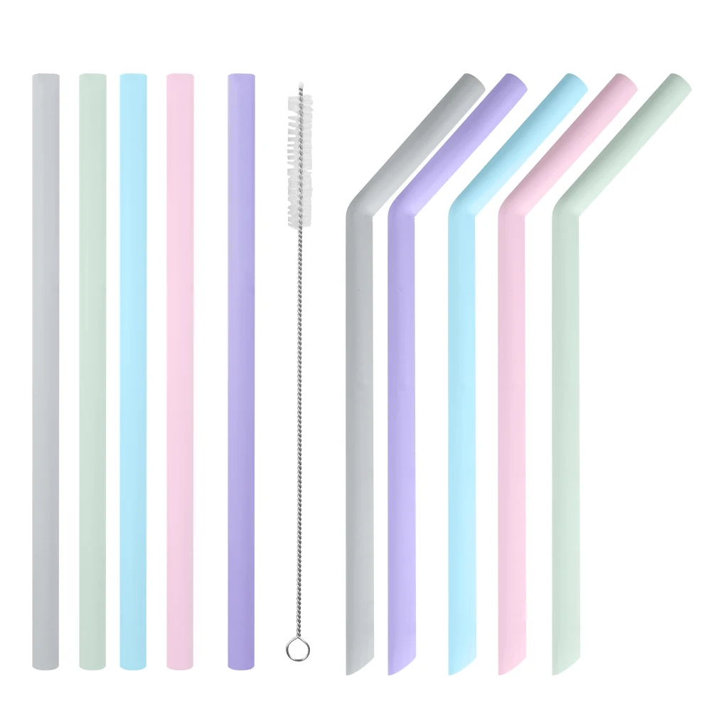 
Free shipping food grade bar smoothies cocktails bent straight 5pcs silicone reusable drinking straws with cleaning brush 