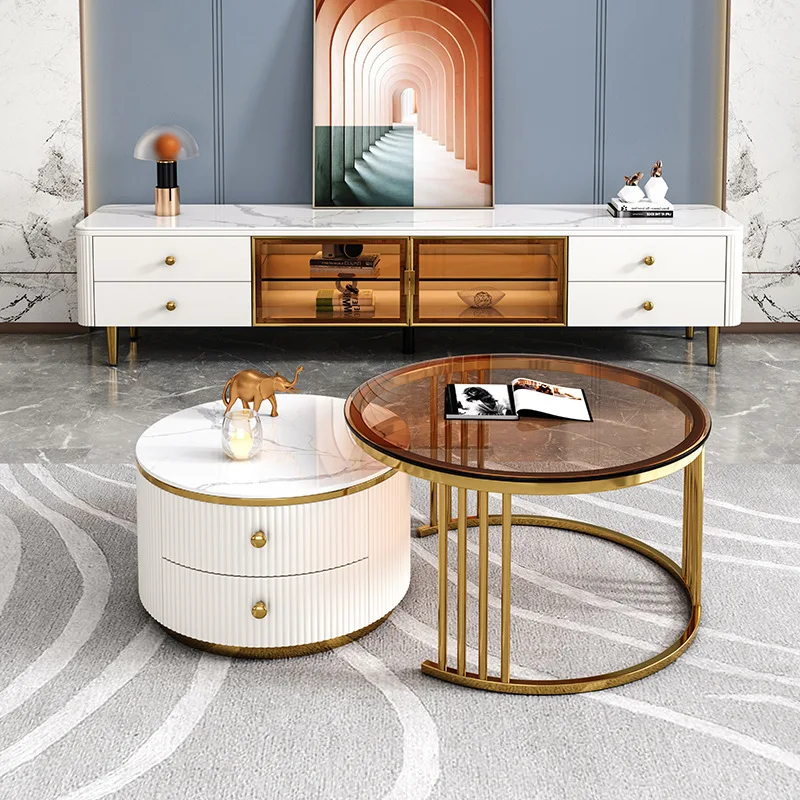 Newest Modern Coffee Table Glass And Marble Top Round Coffee Table With Drawers Coffee Table Set set