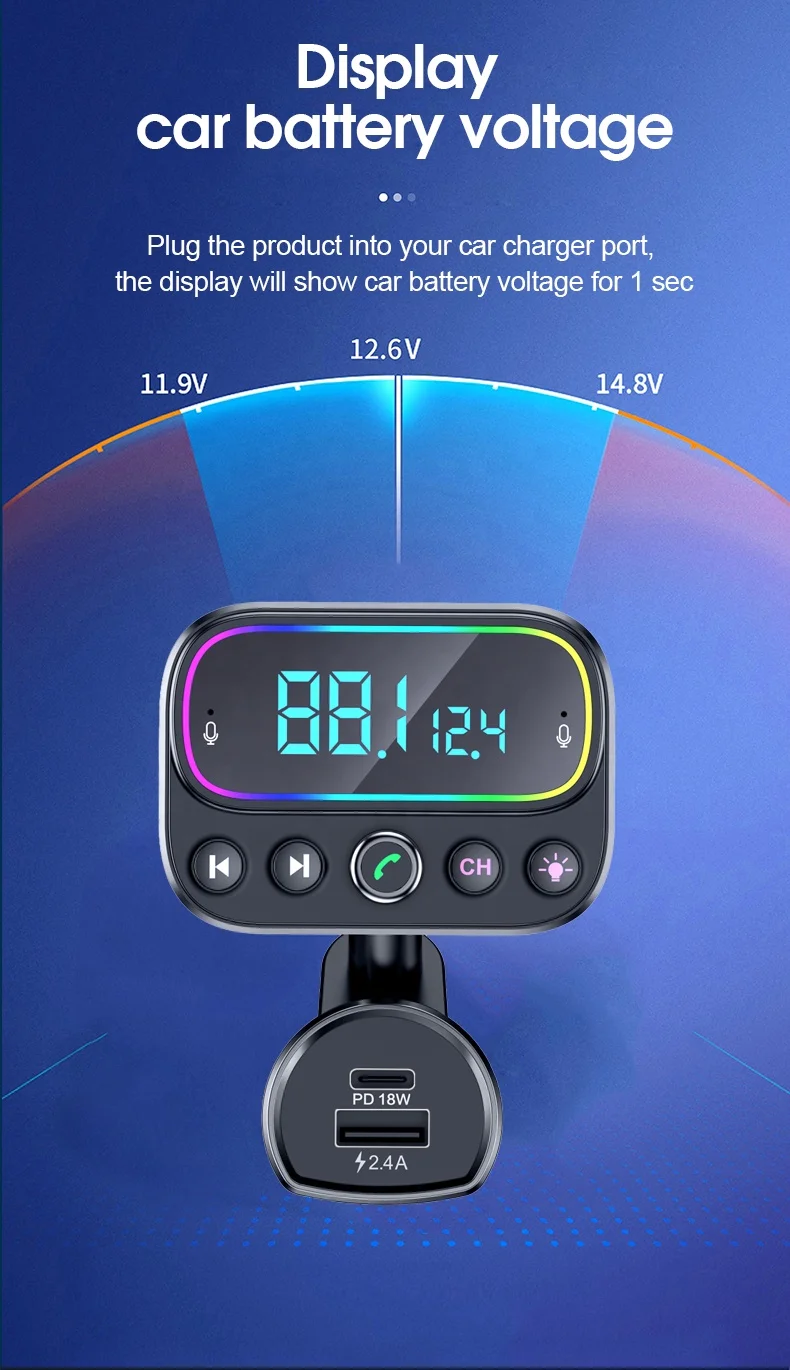 AGETUNR T67 BT V5.0 fm transmitter RGB light 20W PD 18W QC3.0 fast charge car mp3 player Handsfree U disk Music AUX Out Dual Mic