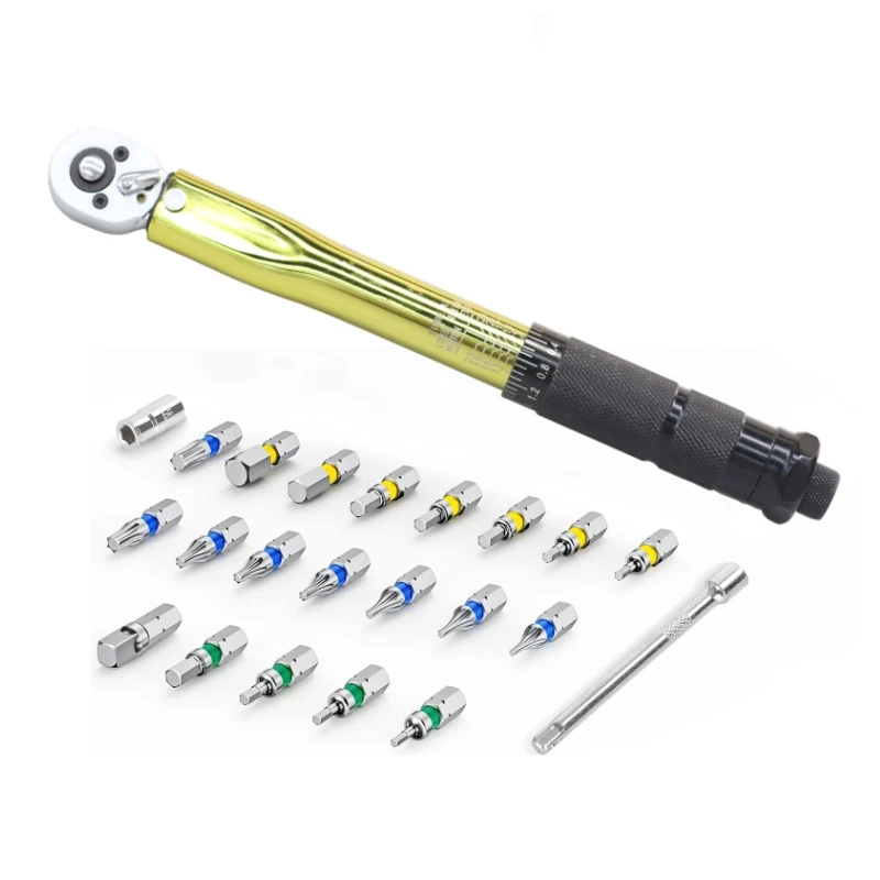 45T CRV 23pcs 1/4' 20-200lb.ft Gold Torque Wrench Set Multi-functional Maintenance Tool Kit Birthday Holiday Gift