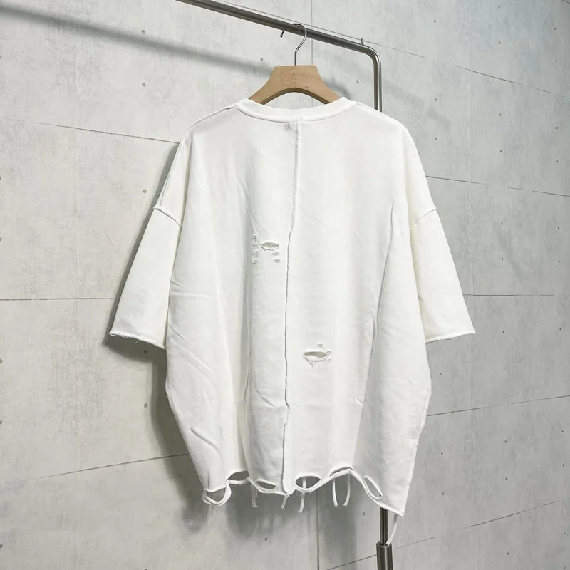 100% cotton heavy weight oversized High street fashion loose ripped holes t-shirt hip-hop distressed custom men t shirts