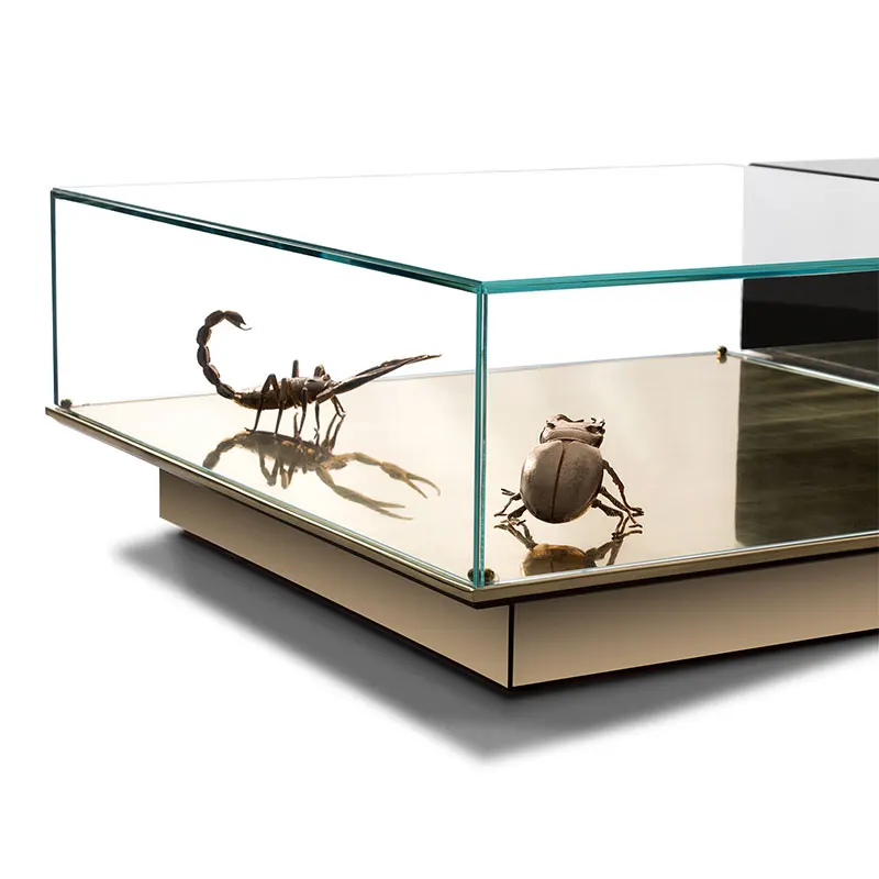 Modern Luxury Modular Coffee Table Set Unique Mirror Glass Box with Noble Marble Metal Center Table