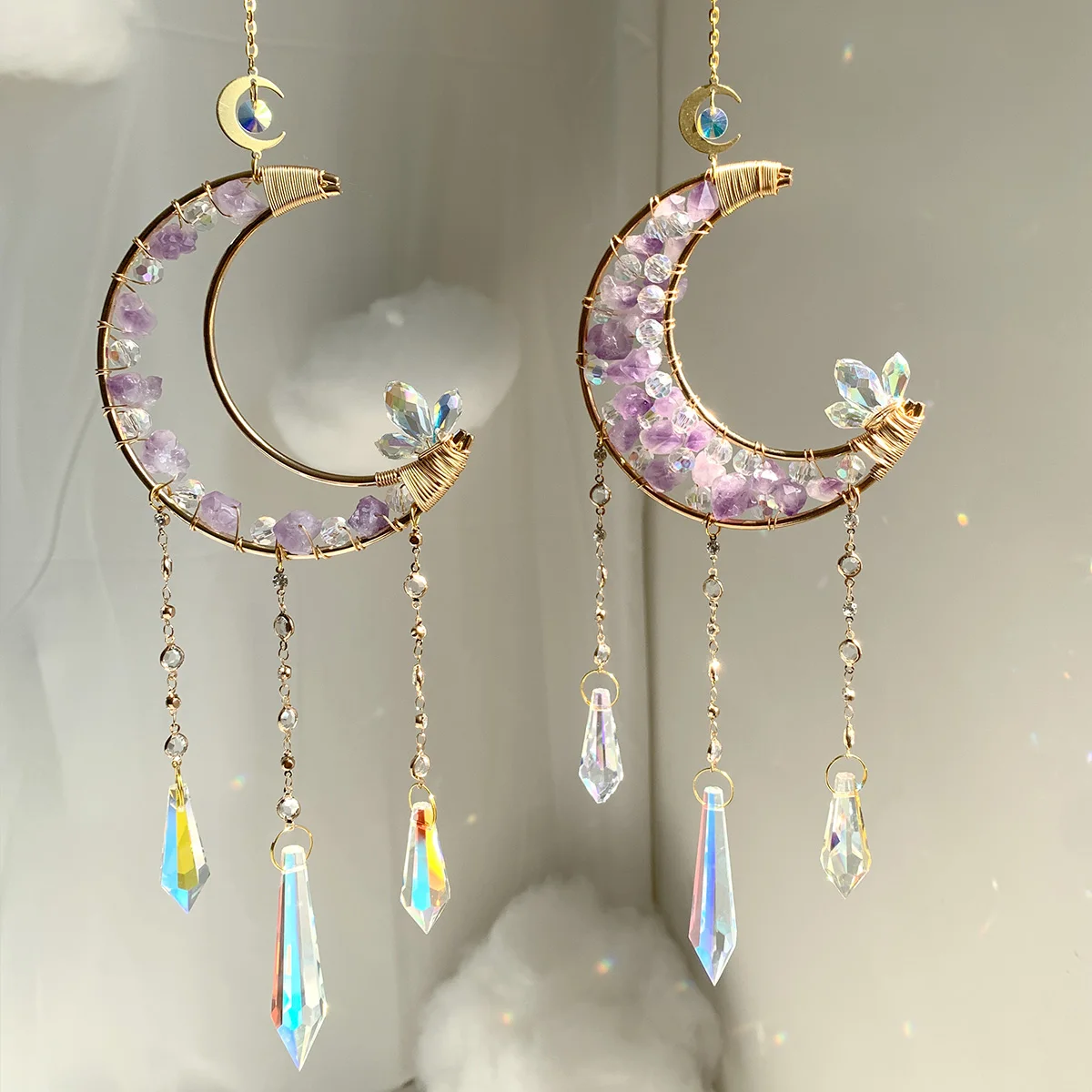 Wholesale  high quality  natural  crystal sun catcher moon sun catchers amethyst moon  suncatche wind chimes