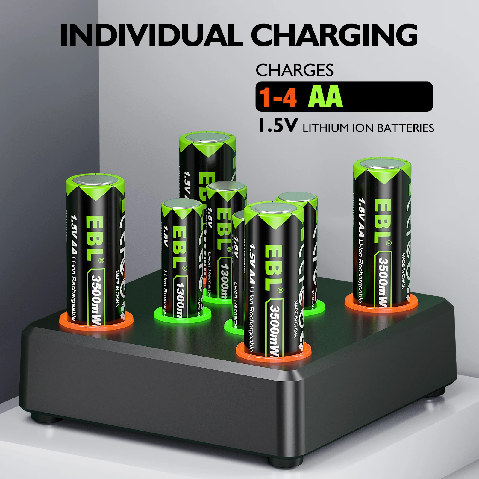 Ebl 1.5V Rechargeable AA Lithium ion Battery Cells Set With Ebl AA Battery Charger