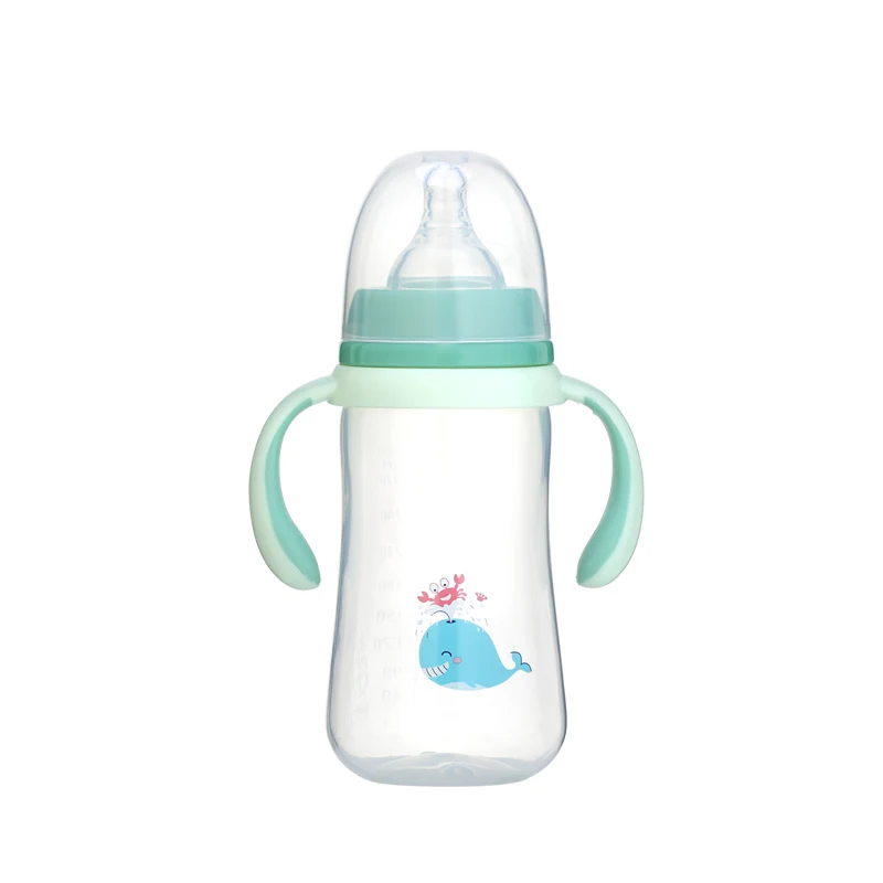 Wide-neck PP feeding bottle with two-tone double handle ,silicone nipple baby bottle