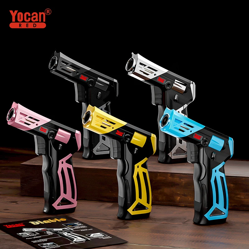 Metal Powerful Gas Blue Flame Windproof Blow BBQ Refillable Gas Jet Butane Cigar Torch Lighter Gun