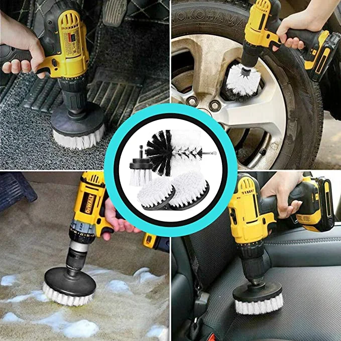 White Soft Bristle Cordless Drill Attachment Cleaning Brush For Car Seats Carpet Leather