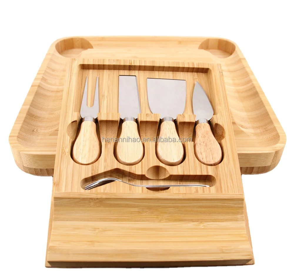 Cheese Board and Knife Set Bamboo Charcuterie Platter & Serving Tray for Cheese,Wine, Crackers, Brie and Meat