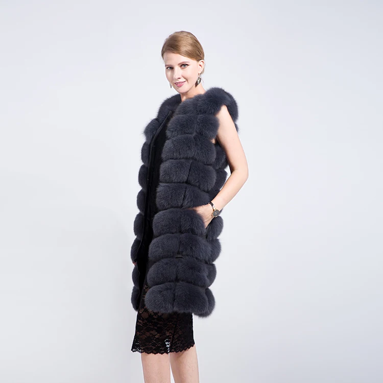 Super Popular Fashion Blue Winter Womens Gilet Elegant Real Fox Fur Vest Coat