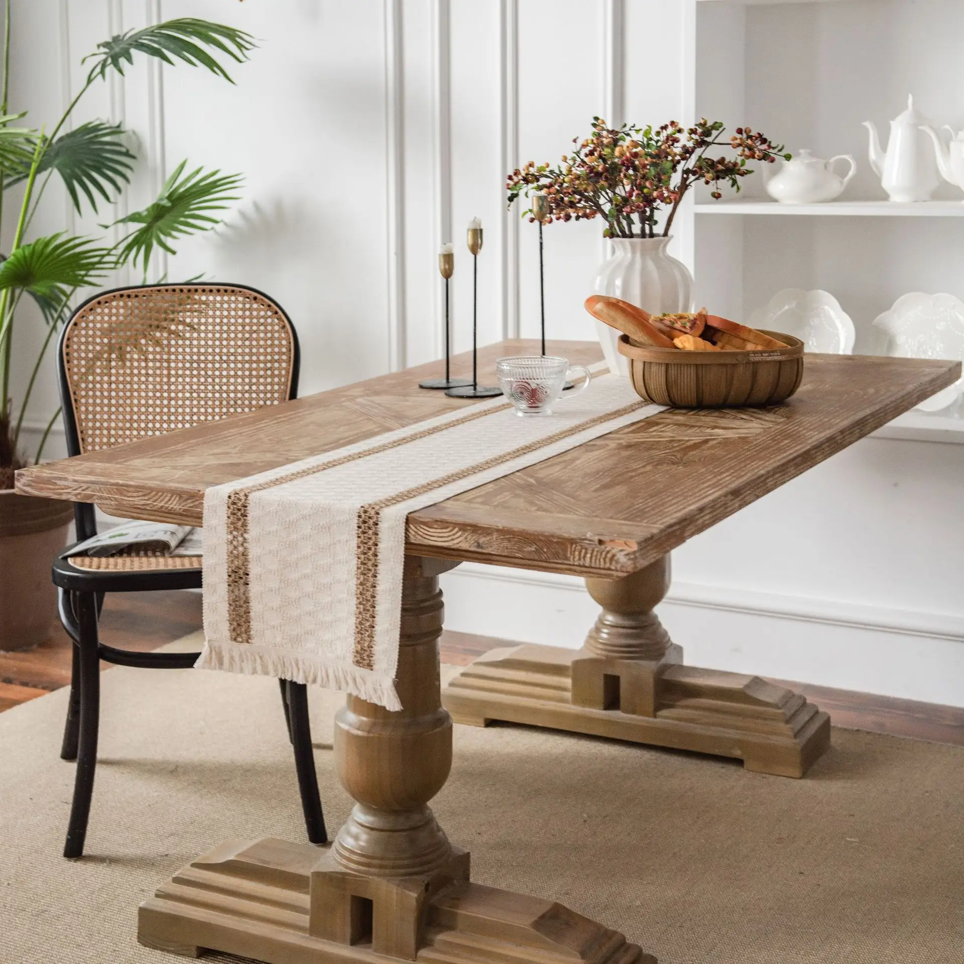 Cotton Linen Striped Stitching Two-tone Woven Tassel Table Runner