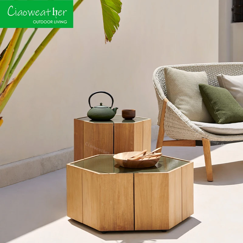 Luxury outdoor chair teak garden sofa rattan garden furniture set sofa with waterproof upholstery cushion